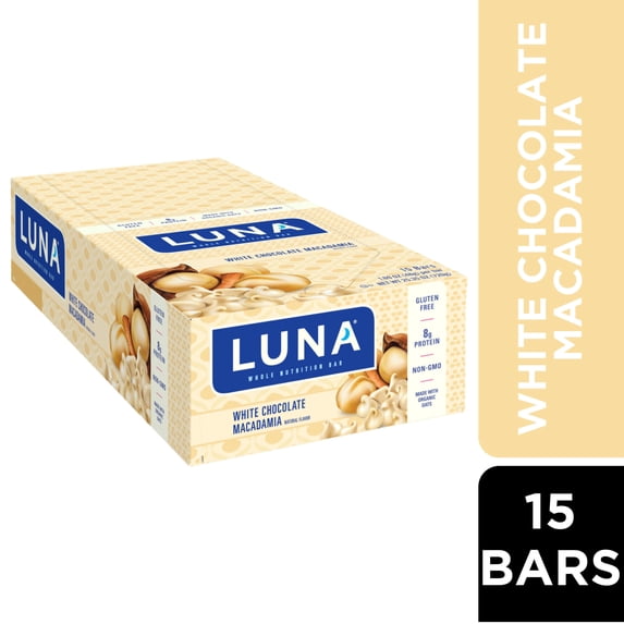 LUNA White Chocolate Macadamia Flavor Gluten Free Snack Bars, Protein Bars, 15ct