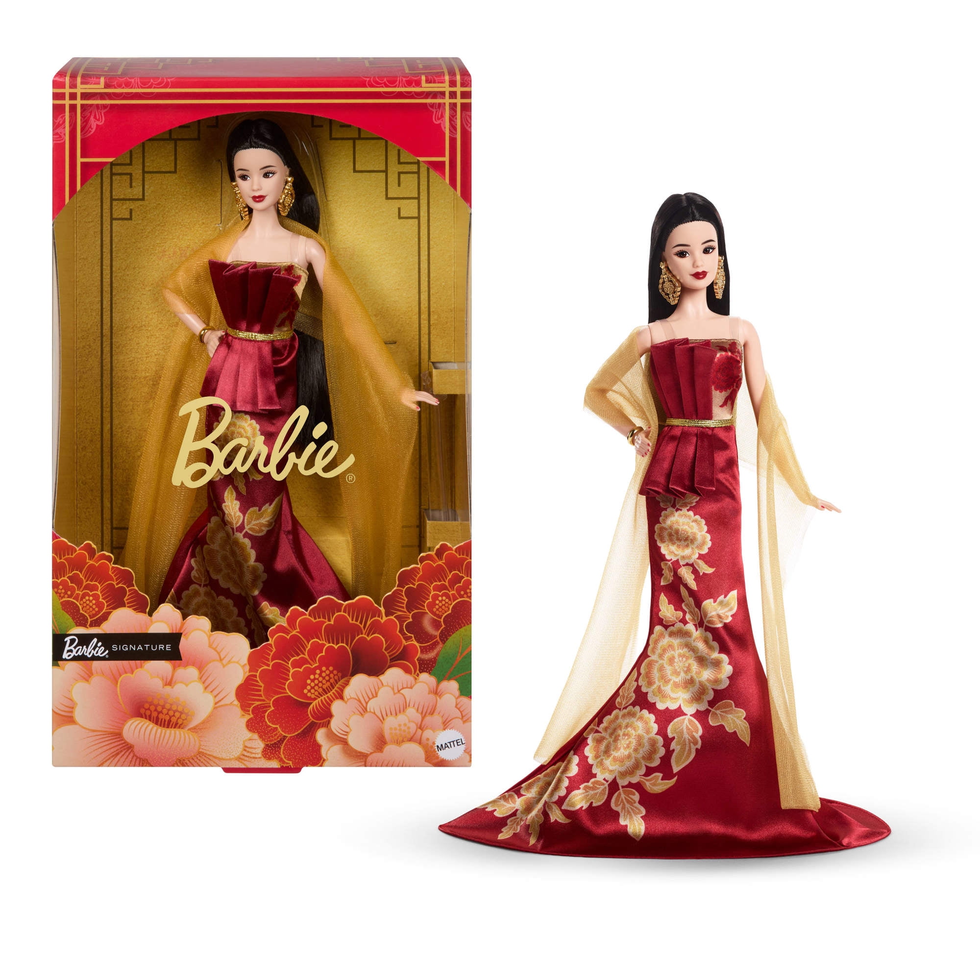 Barbie Signature Lunar New Year Fashion Doll, Red Dress with Golden Peonies, Collectible Holiday Gift