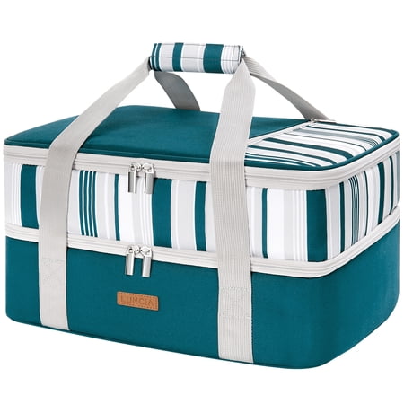 LUNCIA Double Decker Insulated Casserole Carrier for Hot or Cold Food, Lasagna Holder Tote Green