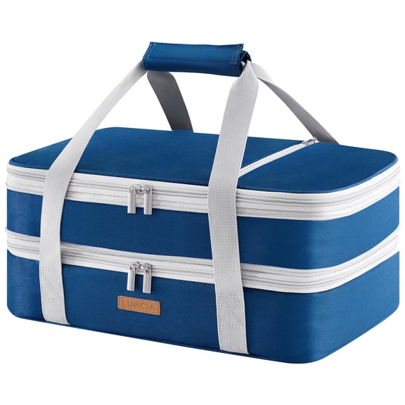 LUNCIA Insulated Double Decker Casserole Carrier, Lasagna Lugger Tote Keeps Food Hot or Cold, Thermal Lunch Bag for Potluck Parties, Picnic and Cookouts, Fits 9" x 13" Baking Dish, Pure Blue Y101