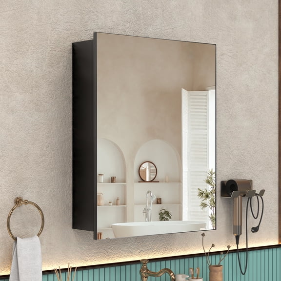 LUNGWO Bathroom LED Lighted Mirror Cabinet Wall Medicine Cabinet with Shelves Touch Switch Black