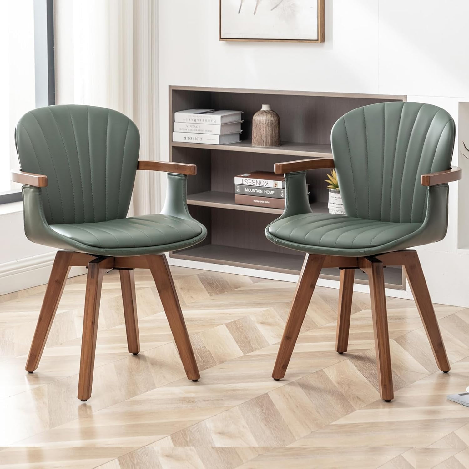 LUNLING Swivel Dining Chairs Set of 2, Mid Century Modern Green Faux