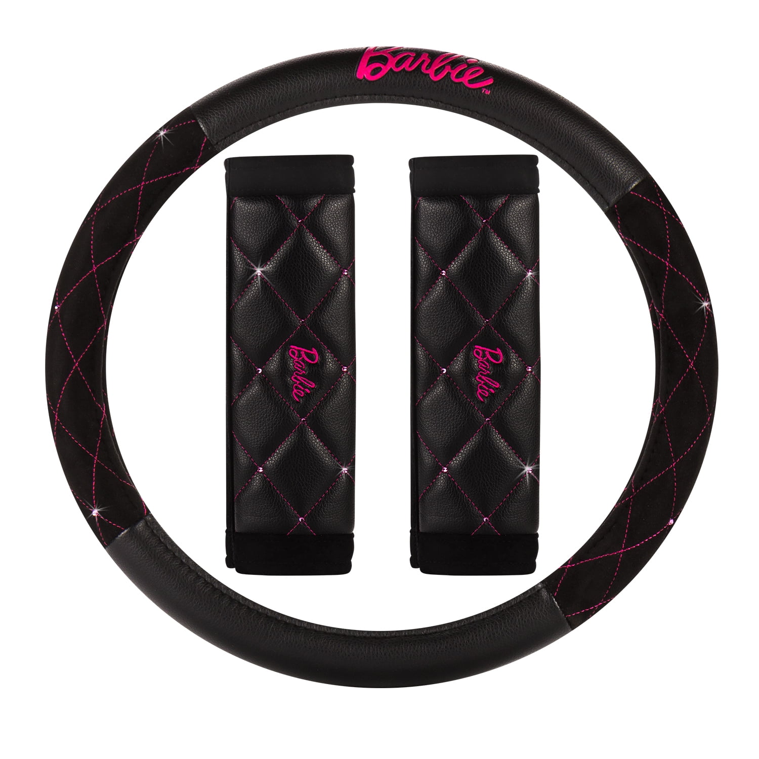 LUNNA Barbie Universal Car Steering Wheel Cover and 2 Seat Belt Shoulder Pads Kit with Pink