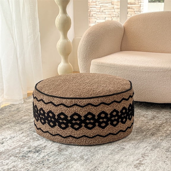 LUNQARO Teddy Fleece Round Pouf Ottomans, Embroidered Boho Pouf Foot Stool, 20 x 12 Inches