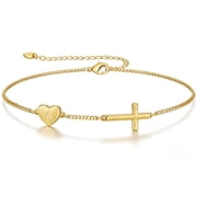 LUNVKY 18K Gold Plated Love Heart Initial Cross Bracelet for Women Letter A Bracelet Christian Religious Catholic First Communion Birthday Christmas Jewelry Gifts Teen Stocking Stuffers Age Ideas