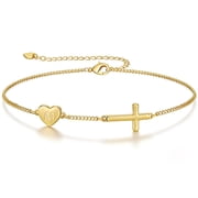 LUNVKY 18K Gold Plated Love Heart Initial Cross Bracelet for Women Letter M Bracelet Christian Religious Catholic First Communion Birthday Christmas Jewelry Gifts Teen Stocking Stuffers Age Ideas