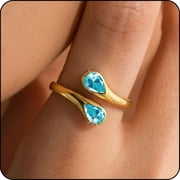 LUNVKY 18K Gold Plated Rings for Women Stackable Adjustable Non Tarnish CZ March Birthstone Ring with Blue Aquamarine Wedding Birthday Christmas Jewelry Gifts Teen Her Adults Stocking Stuffers Ideas
