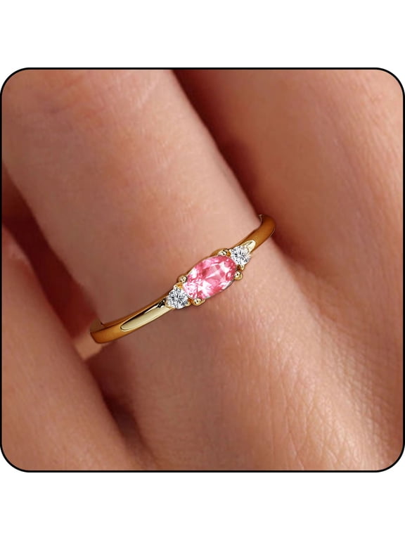18K Gold Plated Rings for Women CZ October Birthstone Ring with Pink Tourmaline Stackable Bands Wedding Prom Birthday Christmas Jewelry Gifts Teen Her Wife Mom Stocking Stuffers