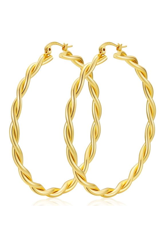 18K Gold Plated Twist Hoop Earrings for Women Lightweight Hypoallergenic Large Chunky Post Earrings 70mm Earrings Birthday Valentines Day Jewelry Gifts Teen Girlfriend Wife Her Age Ideas