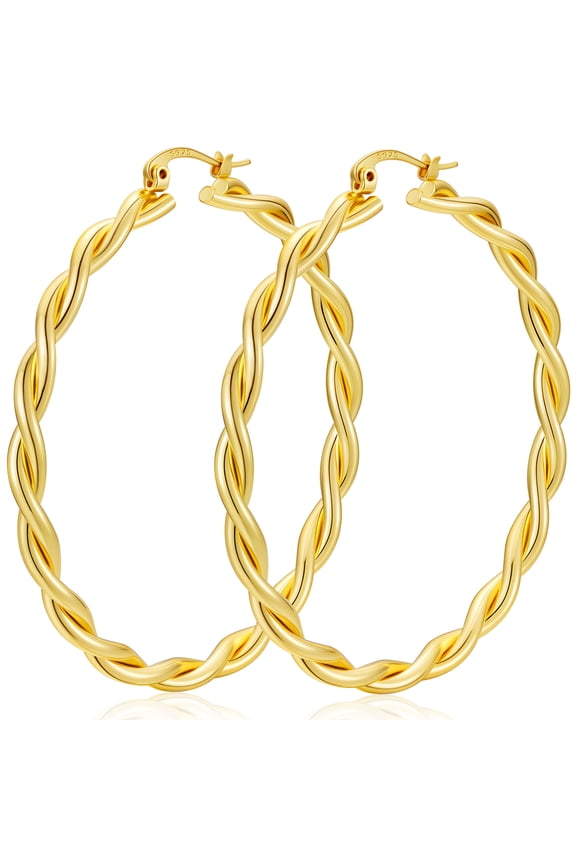 18K Gold Plated Twist Hoop Earrings for Women Lightweight Hypoallergenic Large Chunky Post Earrings 60mm Earrings Birthday Valentines Day Jewelry Gifts Teen Girlfriend Wife Her Age Ideas