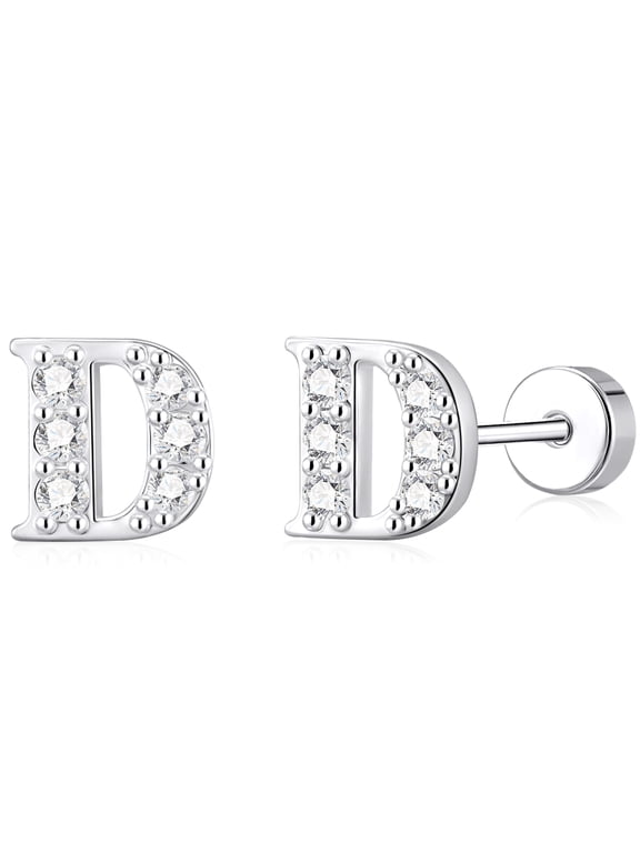 18K White Gold Plated Initial Stud Earrings for Women with S925 Sterling Silver Post Letter D CZ Hypoallergenic Flat Back Earrings Birthday Christmas Jewelry Gifts Teen Stocking Stuffers