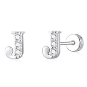 18K White Gold Plated Initial Stud Earrings for Women with S925 Sterling Silver Post Letter J CZ Hypoallergenic Flat Back Earrings Birthday Christmas Jewelry Gifts Teen Stocking Stuffers