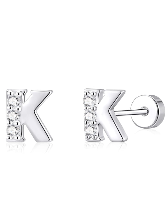 18K White Gold Plated Initial Stud Earrings for Women with S925 Sterling Silver Post Letter K CZ Hypoallergenic Flat Back Earrings Birthday Christmas Jewelry Gifts Teen Stocking Stuffers