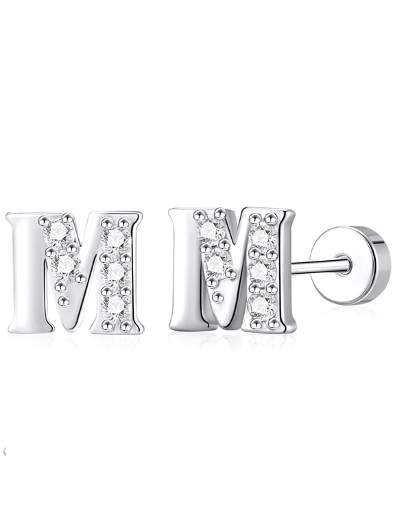 18K White Gold Plated Initial Stud Earrings for Women with S925 Sterling Silver Post Letter M CZ Hypoallergenic Flat Back Earrings Birthday Christmas Jewelry Gifts Teen Stocking Stuffers