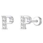 LUNVKY 18K White Gold Plated Initial Stud Earrings for Women with S925 Sterling Silver Post Letter P CZ Hypoallergenic Flat Back Earrings Birthday Christmas Jewelry Gifts Teen Stocking Stuffers
