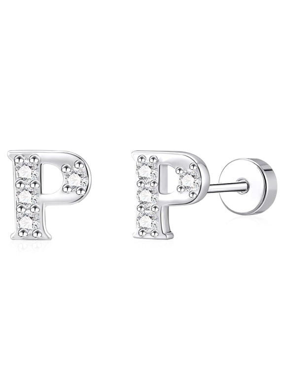 18K White Gold Plated Initial Stud Earrings for Women with S925 Sterling Silver Post Letter P CZ Hypoallergenic Flat Back Earrings Birthday Christmas Jewelry Gifts Teen Stocking Stuffers