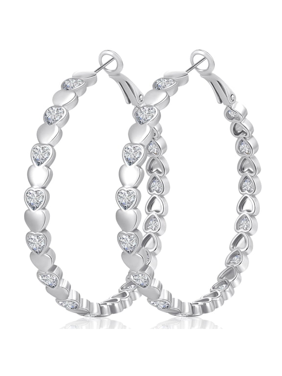 18K White Gold Plated Love Heart Hoop Earrings for Women with S925 Sterling Silver Post Hypoallergenic Earrings Birthday Christmas Prom Jewelry Gifts Teen Her Adults Mom Stocking Stuffers 50MM
