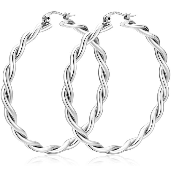 LUNVKY 18K White Gold Plated Twist Hoop Earrings for Women S925 Sterling Silver Lightweight Hypoallergenic Post Earrings 50mm Earrings Birthday Valentines Day Jewelry Gifts Teen Girlfriend Wife Age