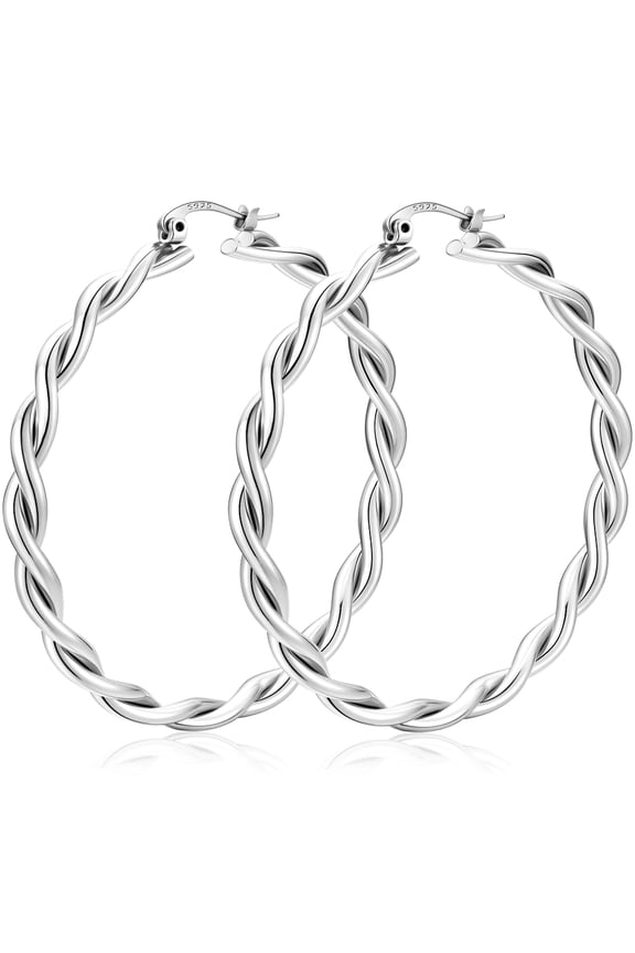 18K White Gold Plated Twist Hoop Earrings for Women S925 Sterling Silver Lightweight Hypoallergenic Post Earrings 50mm Earrings Birthday Valentines Day Jewelry Gifts Teen Girlfriend Wife Age