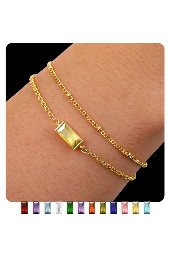 2 Pcs 18K Gold Plated Bracelets for Women Girls Stack Layered CZ November Birthstone Bracelets with Yellow Citrine Topaz Birthday Graduation Jewelry Gifts Teen Her Mom Wife Adults Kids Ideas