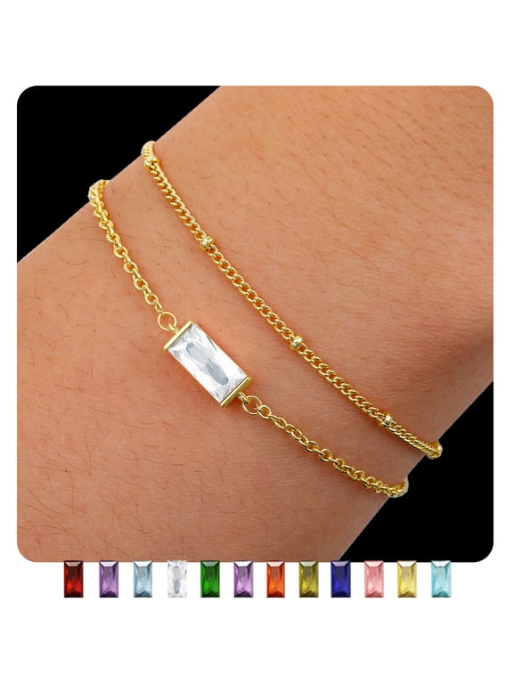2 Pcs 18K Gold Plated Bracelets for Women Girls Stackable Layered CZ April Birthstone Bracelet with CZ Crystal Birthday Christmas Prom Jewelry Gifts Teen Her Kids Stocking Stuffers Ideas
