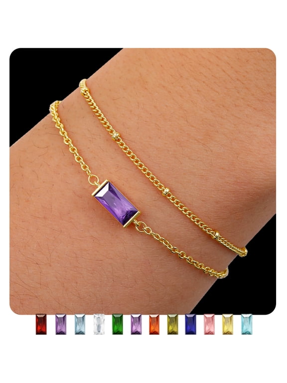 2 Pcs 18K Gold Plated Bracelets for Women Girls Stackable CZ February Birthstone Bracelets Set with Purple Amethyst Birthday Christmas Prom Jewelry Gifts Teen Stocking Stuffers for Kids