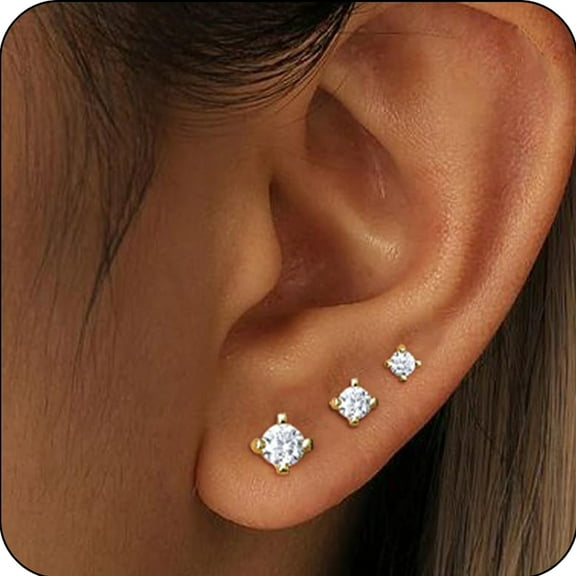 LUNVKY 3 Pairs 18K Gold Plated CZ Stud Earrings for Women Hypoallergenic Post Earring Sets Birthday Valentines Day Jewelry Gifts Teen Girlfriend Wife Her Female Tween Daughter Adults Age Ideas