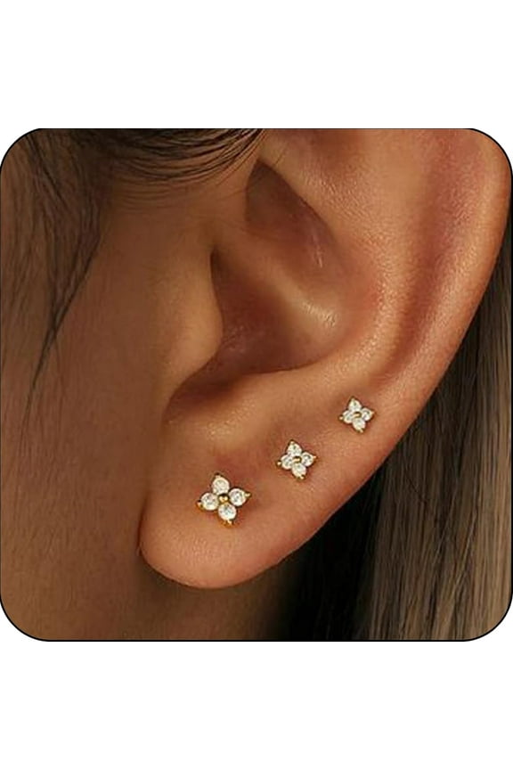 3 Pairs 18K Gold Plated Flower Stud Earrings for Women Hypoallergenic Post Earring Sets Birthday Valentines Day Jewelry Gifts Teen Girlfriend Wife Her Female Tween Daughter Adults Age Ideas