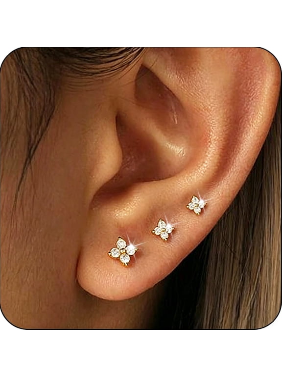3 Pairs 18K Gold Plated Stud Earrings for Women CZ Hypoallergenic Small Cartilage Flower Post Earring Sets for Multiple Piercing Birthday Christmas Jewelry Gifts Teen Adult Stocking Stuffers