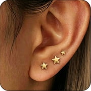 LUNVKY 3 Pairs 18K Gold Plated Stud Earrings for Women Hypoallergenic Small Cartilage Star Post Earring Sets for Multiple Piercing Birthday Christmas Jewelry Gifts Teen Adult Stocking Stuffers