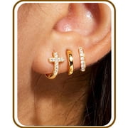 LUNVKY 3 Pairs 18K Gold Plated Hoop Earrings for Women CZ Small Huggie Cartilage Hypoallergenic Earrings Set for Multiple Piercing Birthday Christmas Jewelry Gifts Teen Adult Stocking Stuffers