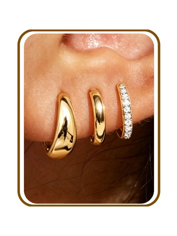 3 Pairs 18K Gold Plated Hoop Earrings for Women CZ Small Huggie Cartilage Hypoallergenic Earrings Set for Multiple Piercing Birthday Christmas Jewelry Gifts Teen Adult Stocking Stuffers
