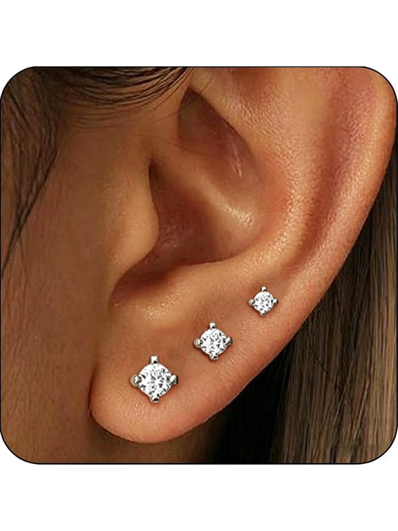 3 Pairs 18K White Gold Plated Stud Earrings for Women with S925 Sterling Silver Post Hypoallergenic CZ Small Earring Sets Birthday Christmas Jewelry Gifts Teen Adult Stocking Stuffers Ideas