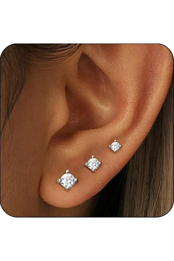 3 Pairs 18K White Gold Plated CZ Stud Earrings for Women Hypoallergenic Post S925 Sterling Silver Earring Sets Birthday Valentines Day Jewelry Gifts Teen Girlfriend Wife Her Female Age Ideas