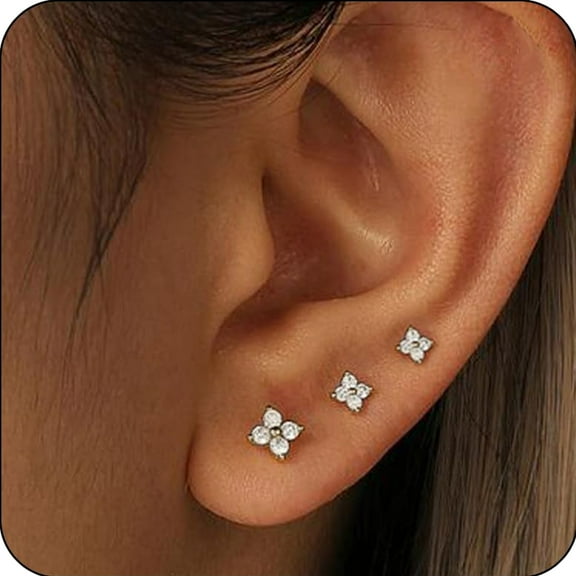LUNVKY 3 Pairs 18K White Gold Plated Flower Stud Earrings for Women Hypoallergenic Post S925 Sterling Silver Earring Sets Birthday Valentines Day Jewelry Gifts Teen Girlfriend Wife Her Age Ideas