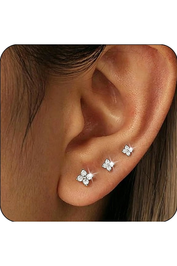 3 Pairs 18K White Gold Plated Flower Stud Earrings for Women Hypoallergenic Small S925 Sterling Silver Post Earring Sets Birthday Graduation Jewelry Gifts Teen Her Wife Mom Adults Ideas