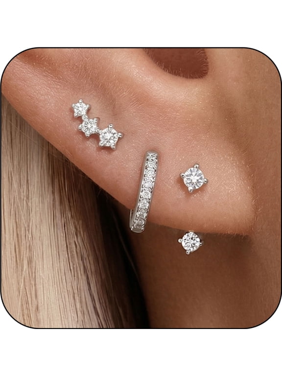3 Pairs 18K White Gold Plated Hoop Earrings for Women with S925 Sterling Silver Post CZ Huggie Hypoallergenic Stud Earring Sets Birthday Christmas Jewelry Gifts Teen Adult Stocking Stuffers