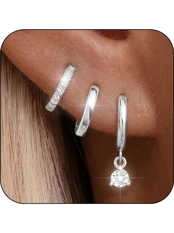 3 Pairs 18K White Gold Plated Hoop Earrings for Women with S925 Sterling Silver Post CZ Huggie Hypoallergenic Stud Earring Sets Birthday Christmas Jewelry Gifts Teen Adult Stocking Stuffers