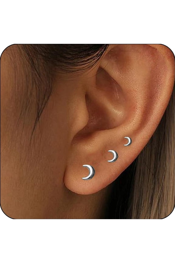3 Pairs 18K White Gold Plated Moon Stud Earrings for Women Hypoallergenic Post S925 Sterling Silver Earring Sets Birthday Valentines Day Jewelry Gifts Teen Girlfriend Wife Her Female Age Ideas