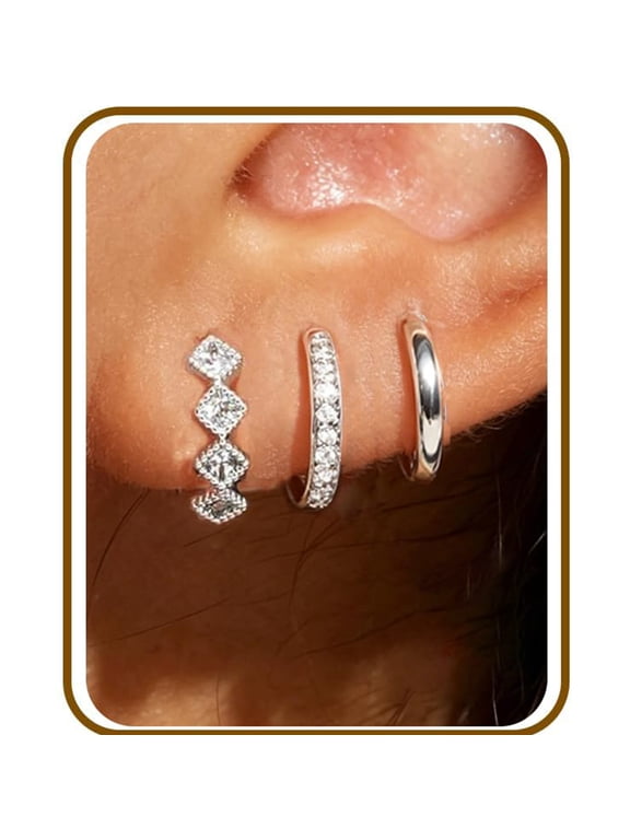 3 Pairs 18K White Gold Plated Hoop Earrings for Women with S925 Sterling Silver Post Huggie Hypoallergenic Earrings Set Birthday Christmas Jewelry Gifts Teen Adult Stocking Stuffers Ideas