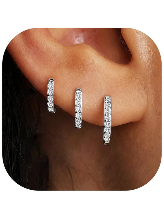 3 Pairs 18K White Gold Plated Hoop Earrings for Women with S925 Sterling Silver Post Huggie Hypoallergenic Earrings Set Birthday Christmas Jewelry Gifts Teen Adult Stocking Stuffers Ideas
