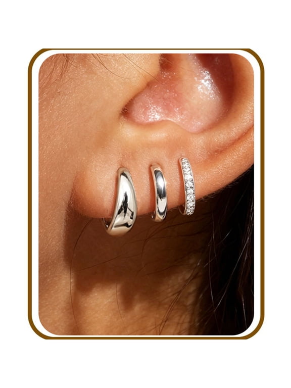 3 Pairs 18K White Gold Plated Hoop Earrings for Women with S925 Sterling Silver Post Huggie Hypoallergenic Earrings Set Birthday Christmas Jewelry Gifts Teen Adult Stocking Stuffers Ideas