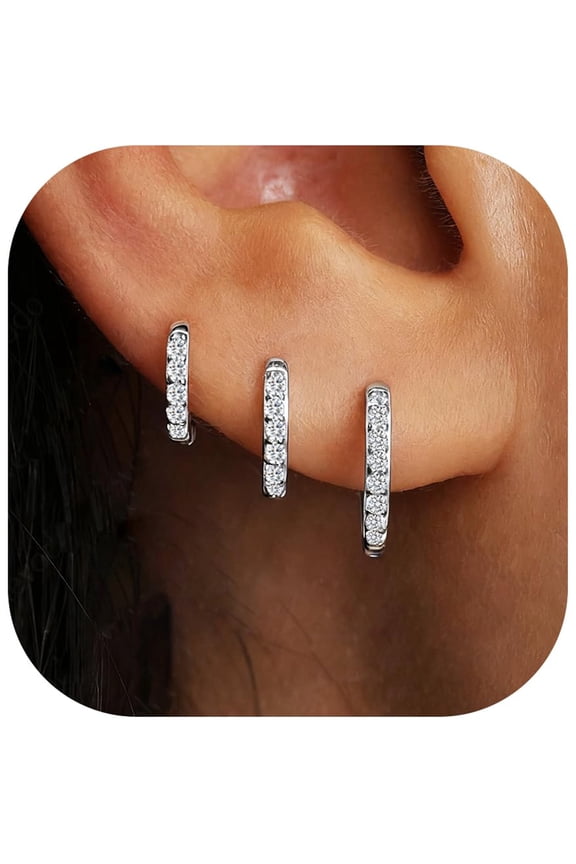 3 Pairs Hoop Earrings for Women CZ Small Huggie Cartilage S925 Sterling Silver Post Hypoallergenic Earrings Set for Multiple Piercing Birthday Graduation Jewelry Gifts Teen Her Adults Ideas