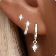 LUNVKY 3 Pairs 18K White Gold Plated Hoop Earrings for Women with S925 Sterling Silver Post CZ Huggie Hypoallergenic Stud Earring Sets Birthday Christmas Jewelry Gifts Teen Adult Stocking Stuffers