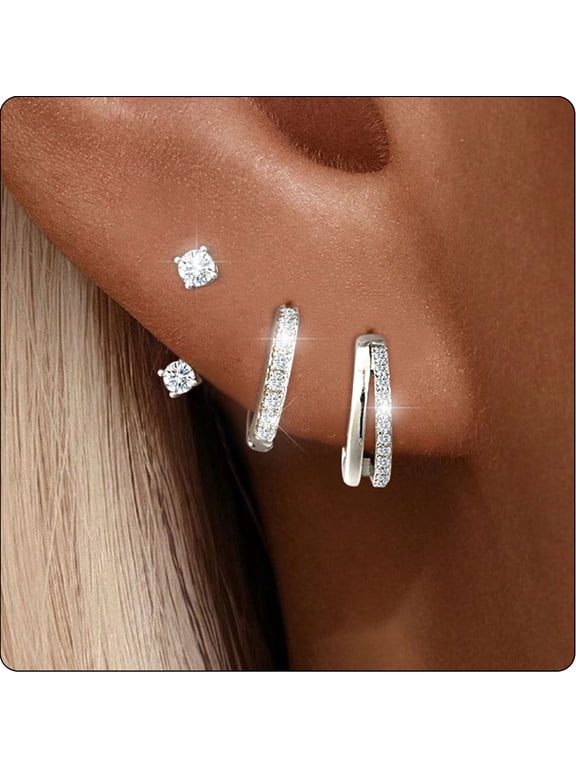 3 Pairs 18K White Gold Plated Hoop Earrings for Women with S925 Sterling Silver Post CZ Huggie Hypoallergenic Stud Earring Sets Birthday Christmas Jewelry Gifts Teen Adult Stocking Stuffers