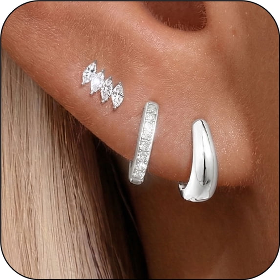 LUNVKY 3 Pairs 18K White Gold Plated Hoop Earrings for Women with S925 Sterling Silver Post CZ Huggie Hypoallergenic Stud Earring Sets Birthday Christmas Jewelry Gifts Teen Adult Stocking Stuffers
