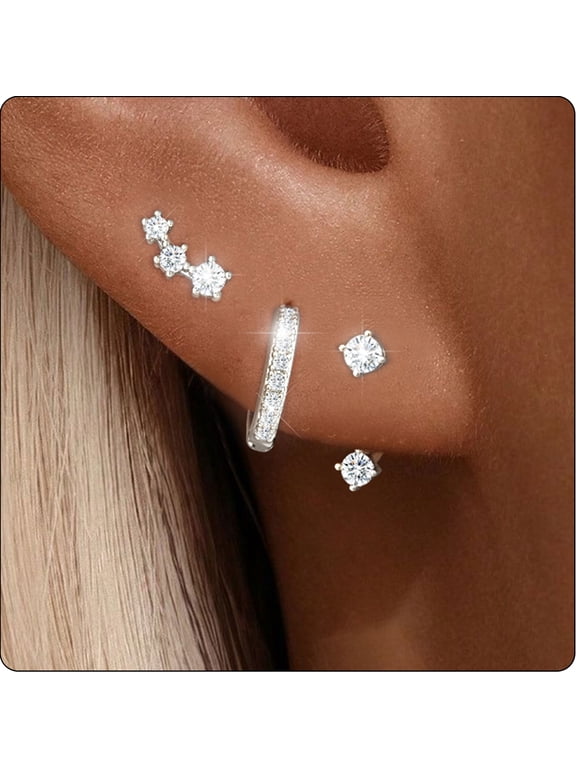 3 Pairs 18K White Gold Plated Hoop Earrings for Women with S925 Sterling Silver Post CZ Huggie Hypoallergenic Stud Earring Sets Birthday Christmas Jewelry Gifts Teen Adult Stocking Stuffers