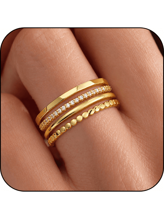 4PCS 18K Gold Plated Rings for Women Non Tarnish Fashion CZ Pinky Stackable Ring Set Wedding Birthday Christmas Jewelry Gifts Teen Her Adults Wife Mom Stocking Stuffers Ideas Size 5/6/7/8/9/10