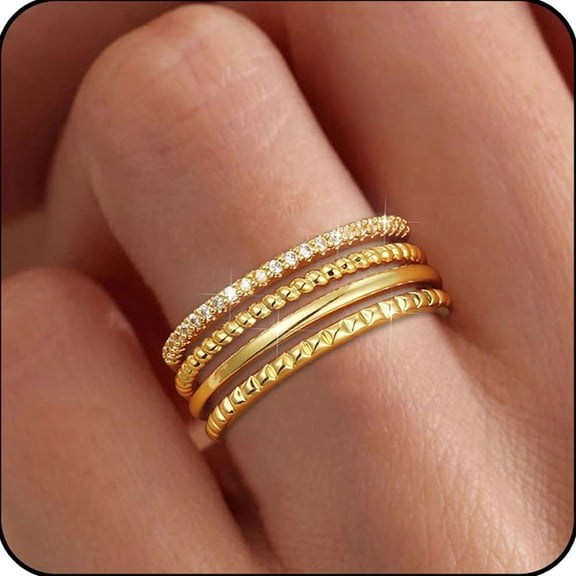LUNVKY 4PCS 18K Gold Plated Rings for Women Non Tarnish Knuckle Dainty Fashion CZ Ring Pinky Thin Thumb Stackable Ring Set Birthday Valentines Day Jewelry Gifts Teen Girlfriend Wife Her Age Ideas