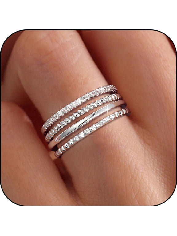 4PCS 925 Silver Plated Rings for Women Non Tarnish CZ Fashion Thumb Pinky Stackable Ring Set Birthday Christmas Jewelry Gifts Teen Her Adults Wife Stocking Stuffers Ideas Size 5/6/7/8/9/10